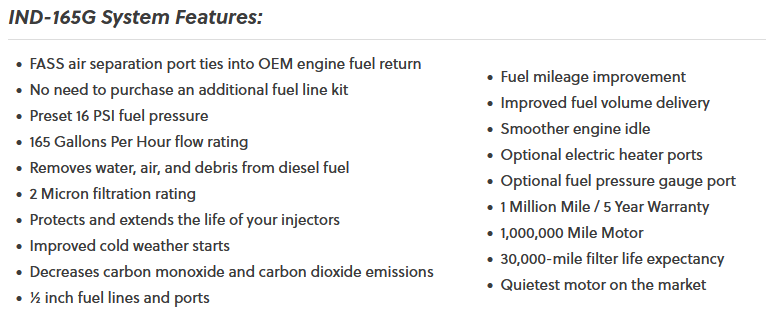 FASS INDUSTRIAL SERIES, DIESEL FUEL SYSTEM, CLASS 8, SEMI, 165GPH, (16-18 PSI), UNIVERSAL (IND165G)